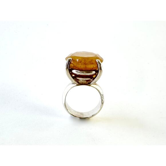 Gold Rutile Quartz Princess Ring Handmade Heavy Sterling 925 Silver US Size 7.5 - Picture 3 of 9